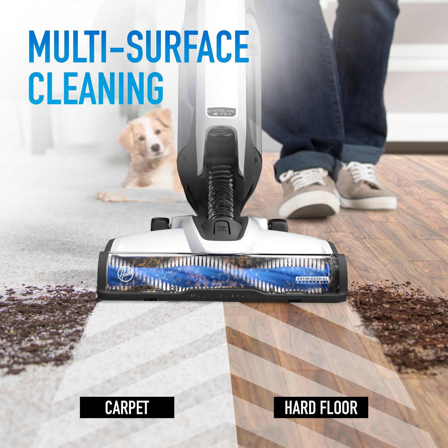 The Evolve Pet vacuums dirt off of both carpet and hard floors for multi-surface cleaning