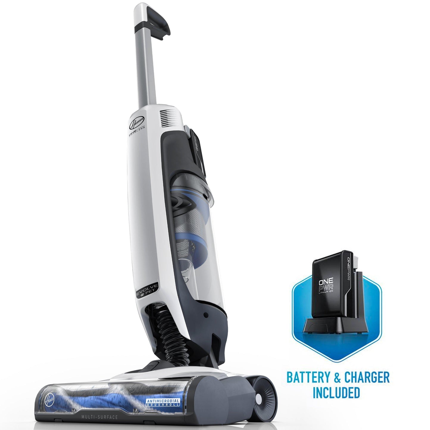 The Evolve Pet upright cordless vacuum stands on its own with the battery and charger.